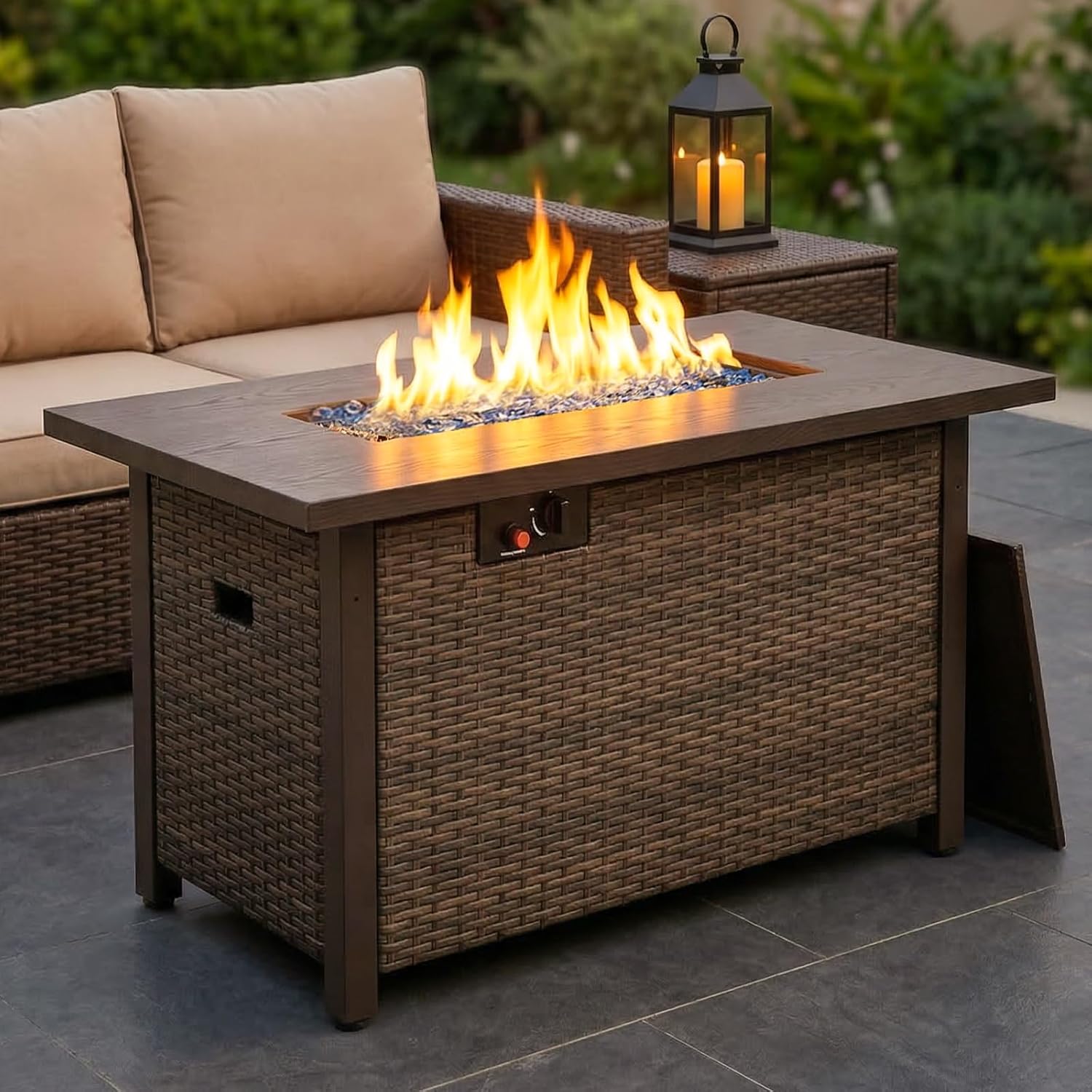 42" Propane Fire Pit Table, 50,000 BTU Outdoor Gas Fire Table with Lid, 2-in-1 Rattan Rectangular Firepits for Outside Patio Backyard Deck Balcony (Brown)