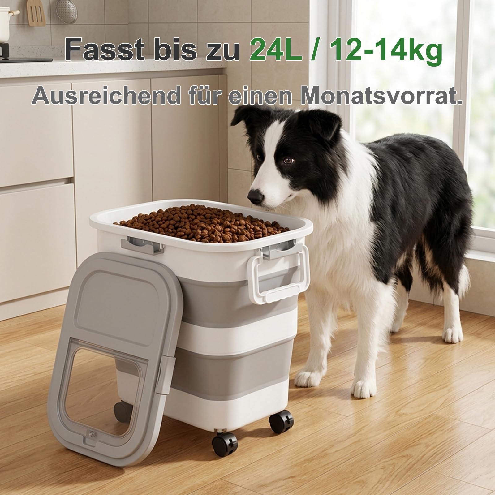 FUSHITON Großer faltbarer Hundefutterbehälter mit Rollen 24L – Trockenfutter Vorratsbehälter luftdicht mit Clip-Verschluss, inkl. Schaufel + 1000ml Messbecher, platzsparend klappbar, grau