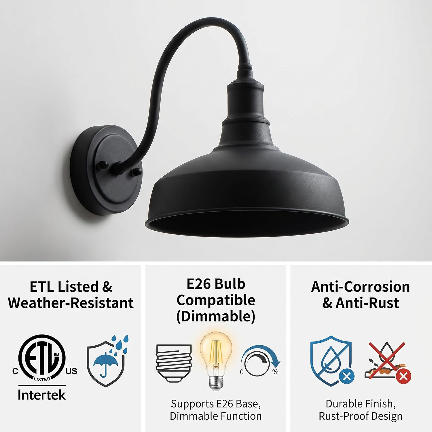 mirrea 2 Pack Farmhouse Outdoor Gooseneck Barn Wall Light with 10" Dome Matte Black