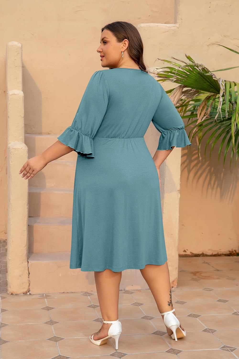 Women's Plus Size Dresses Casual 3/4 Ruffle Sleeve Crew Neck Twist Knot Wrap Slit Hem Dress with 1 Pocket - Image 7