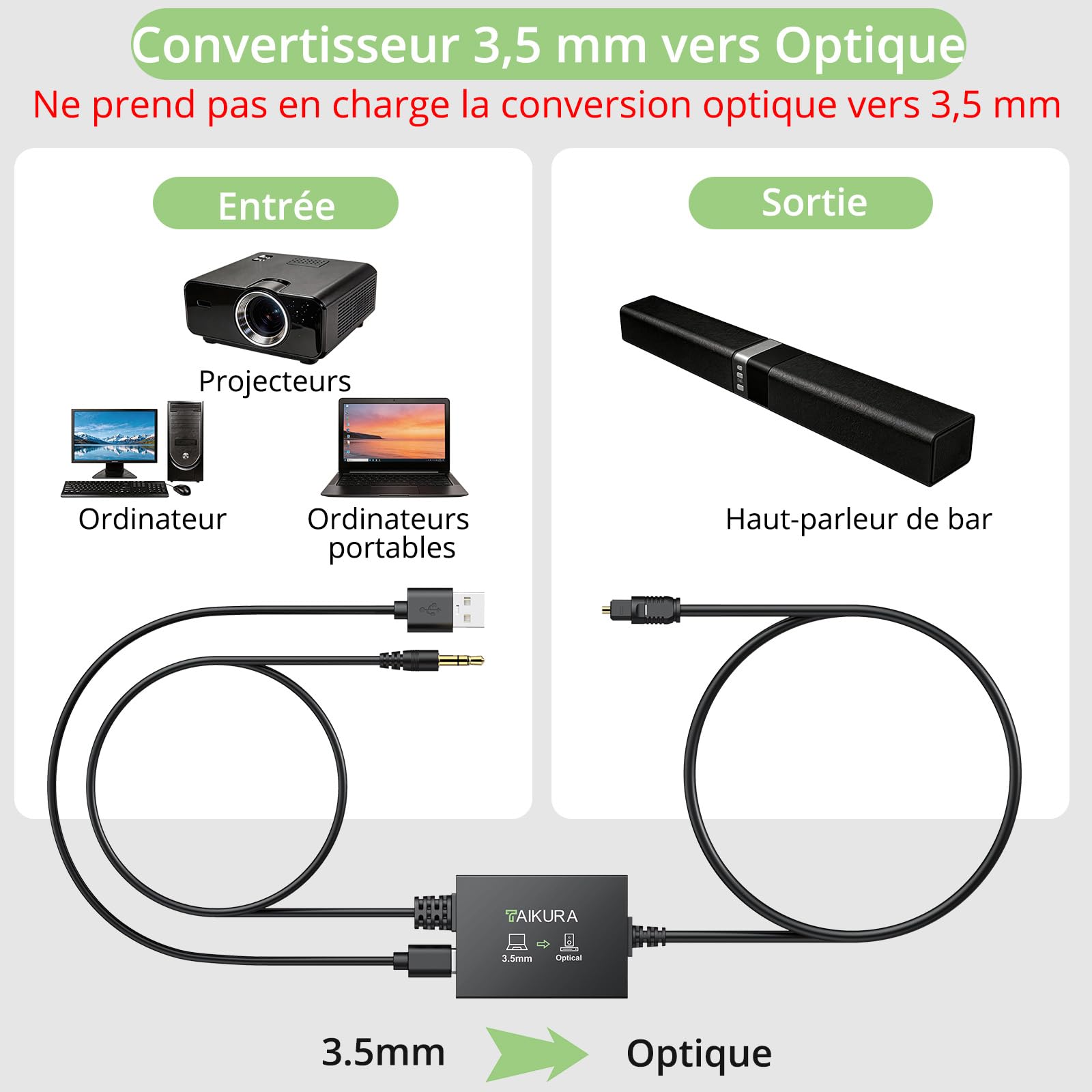 Câble convertisseur audio analogique vers numérique 3.5mm optique 1m 1.2m Plug and Play