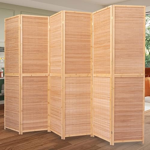 JVVMNJLK 6 Panel Bamboo Room Divider, 6 FT Tall Folding Privacy Screen, Partition Divider for Room Separation, Portable Freestanding Wall Divider for Room, Bamboo Mesh Woven Design, Brown