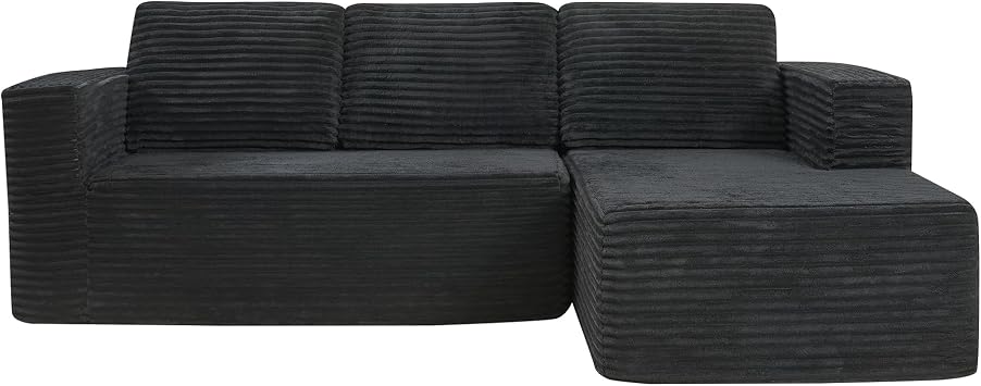 Panana L-Shape Right Corner Boneless Sofa,Modular Sectional Chaise Lounge, Boneless Couches,Corduroy Fabric Sofa Bed for Living Room   No Assembly Required Black, Right Chaise