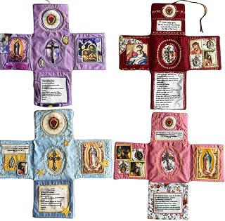 Catholic Handmade Pocket Devotional Cross – Travel Prayer Kit with Prayers, Saint Icons & Embroidered Details, Portable Faith Companion for Daily Reflection, Spiritual Gift for Catholics (4PCS-F)