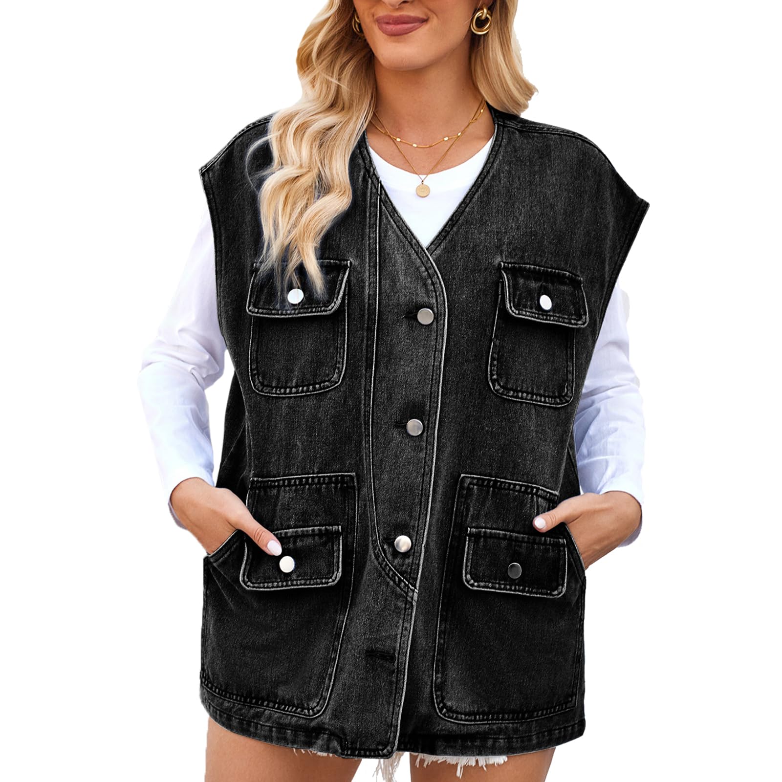 Gilet Di Jeans Casual Da Donna Senza Maniche Con Bottoni E Tasche