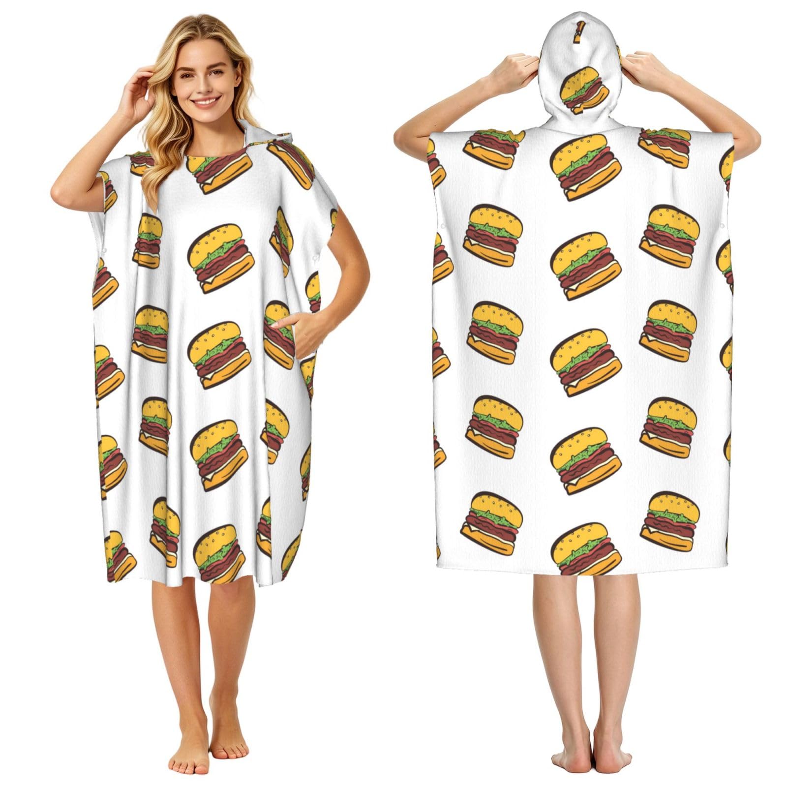 Poadnly Hamburger Cartoon Cute, Adult Hooded Beach Towel 90 x 110 cm,Changing Bath Robe, Surf Poncho Towel For Women Men