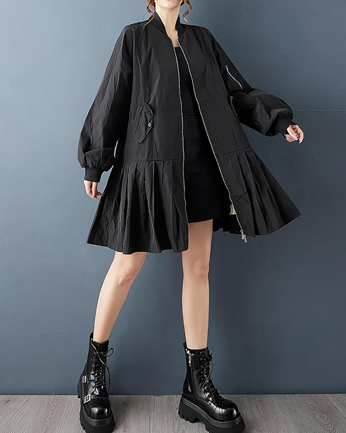 ellazhu Women's Coats Mock Neck Solid Vintage Long Sleeve Zip Up Plus Size Side Pockets GZ702 A