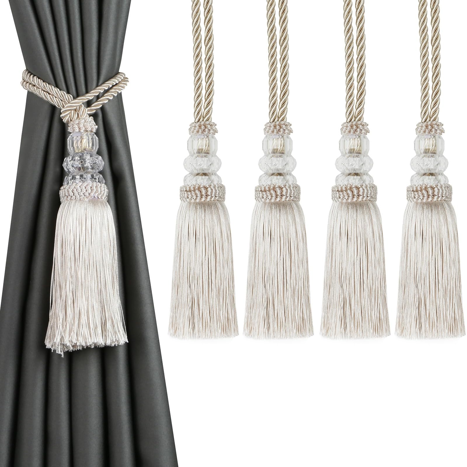 embrasses de Rideaux 1 Attache-Rideaux à Pompon avec Boule en Plastique, Accessoire décoratif(Beige)