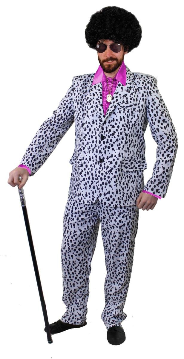 Mens Pimp Fancy Dress Costume - 70s Style Dalmatian Print Suit With Trousers, Pink Satin Shirt With Large Collar and Cuffs, Sunglasses, Pink Afro Wig and Gold Medallion (Medium) — image 1