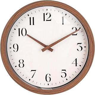 Topkey 12 Inch Silent Wall Clock with Wooden Hour and Minute Hands - Round Wood-Like Frame & White Dial for Home Office Kitchen Decor - Wooden Brown