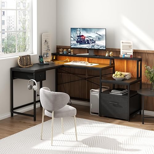 Miniatura 2 de Loomie Escritorio para juegos en forma de L con gabinete de archivos y toma de corriente, escritorio reversible de oficina en casa de 66 pulgadas
