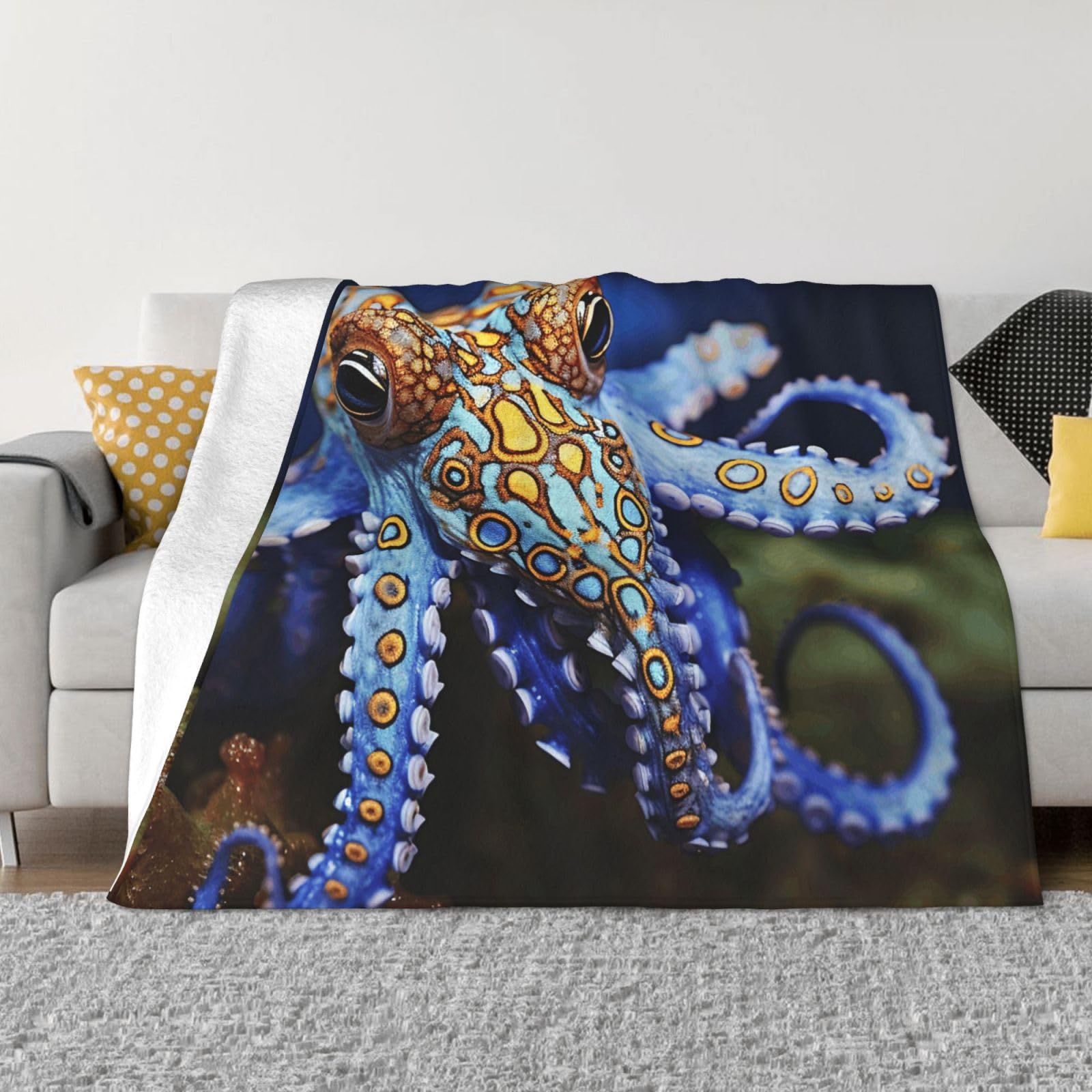 KLOPH Blue Ringed Octopus Throw Blanket 60"x50" Flannel Fluffy Warm Blanket for Couch, Reversible Plush Blankets for Bed, Comfy Fuzzy Blanket for Sofa, Plush Lightweight-Blankets for All Season