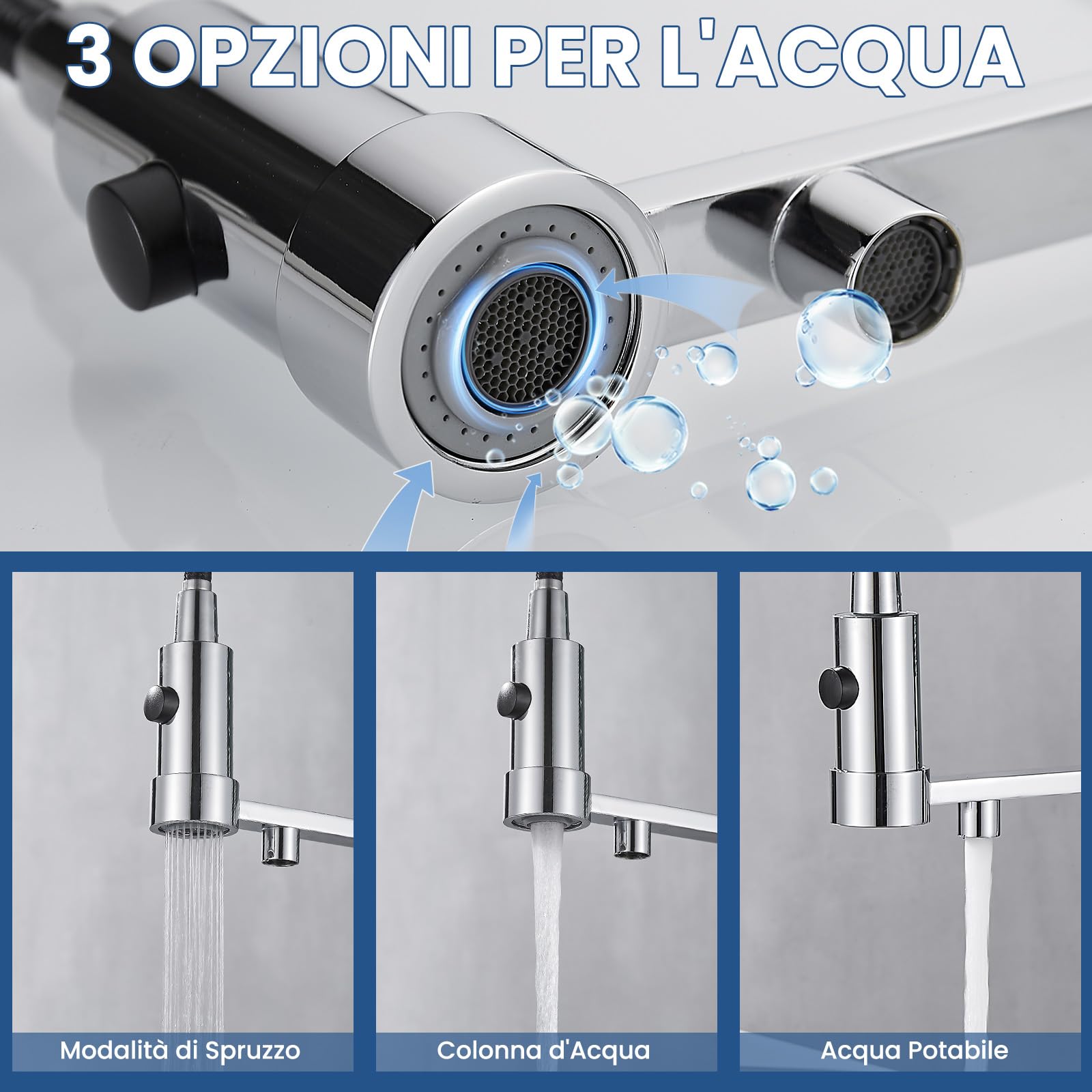 Rubinetto da cucina a 3 vie, con molla a spirale, girevole a 360°, con doccetta estraibile, 3 in 1, per filtro dell'acqua (3 vie (01), cromato)
