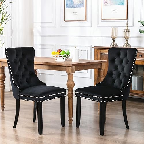 Miniatura 5 de Laverntard Juego de 2 sillas de comedor de terciopelo modernas tapizadas con botones y ribete de anillo trasero patas de madera maciza para cocina