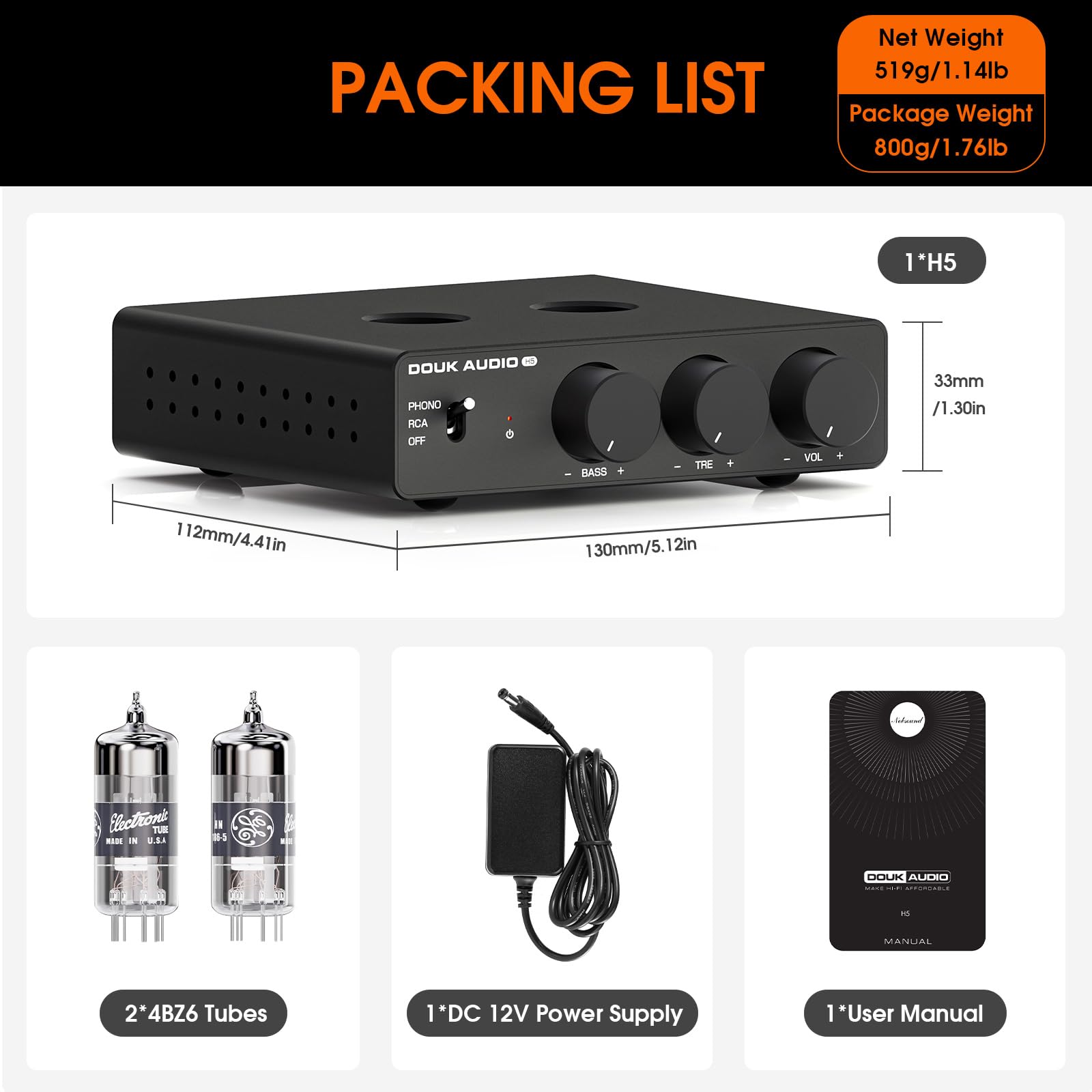 Douk Audio Preamplificatore tubolare MM Phono livello HiFi preamplificatore stereo con filtro passa-basso, uscita subwoofer | Amplificatore audio Tube Preamp