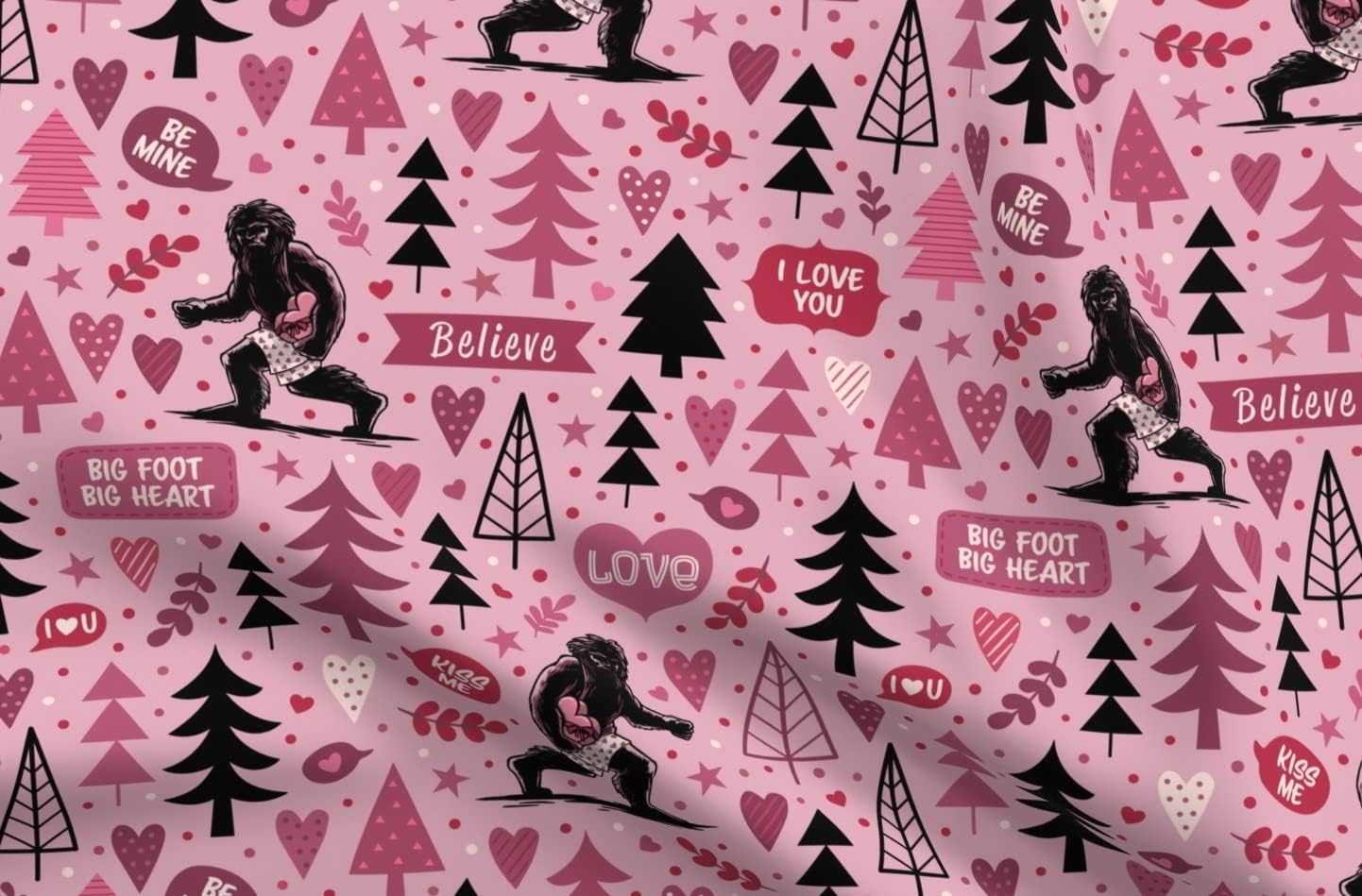 Spoonflower Fabric - Valentine Bigfoot Big Heart Sasquatch Valentines Day Forest Pink Printed on Organic Cotton Sateen Fabric by The Yard - Sewing Quilting Apparel Home Decor