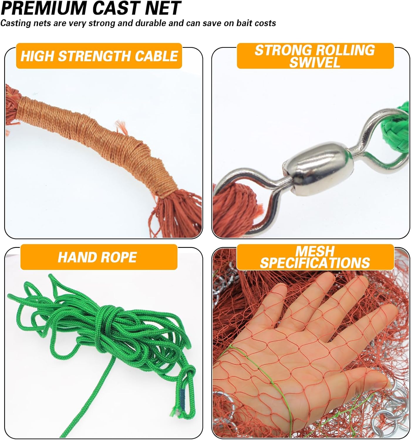 Nylon Monofilament Cast Net, 4FT/6FT/7FT/8FT/9FT/10FT/12FT American Style Hand Throwing Fishing Net with Iron Chain Weights for Saltwater and Freshwater