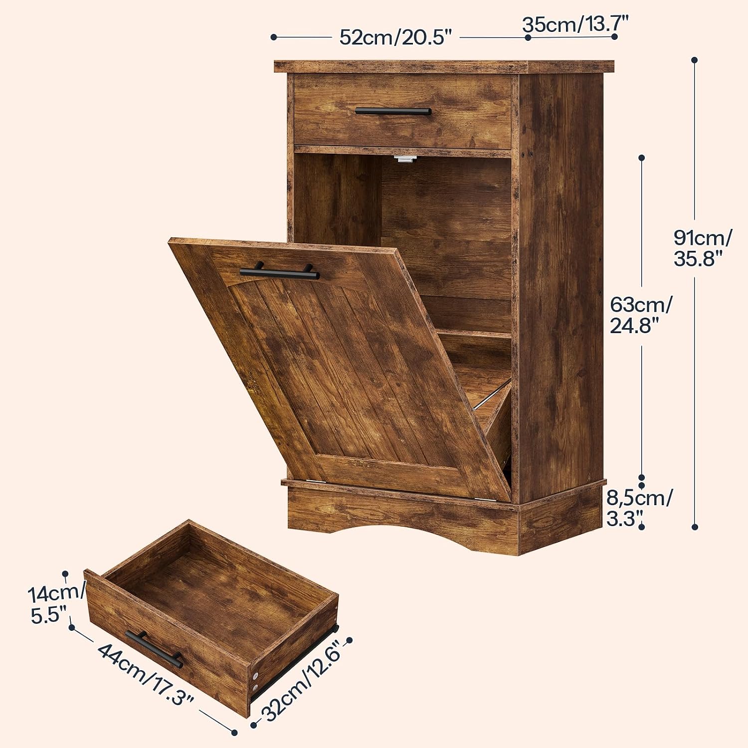 HOOBRO 10 Gallon Tilt Out Trash Cabinet, Kitchen Trash Can,Trash Bin Storage, with Flip Door and Large Drawer, Hidden Laundry Hamper Cabinet, for Kitchen, Laundry, Rustic Brown FG02LJ01