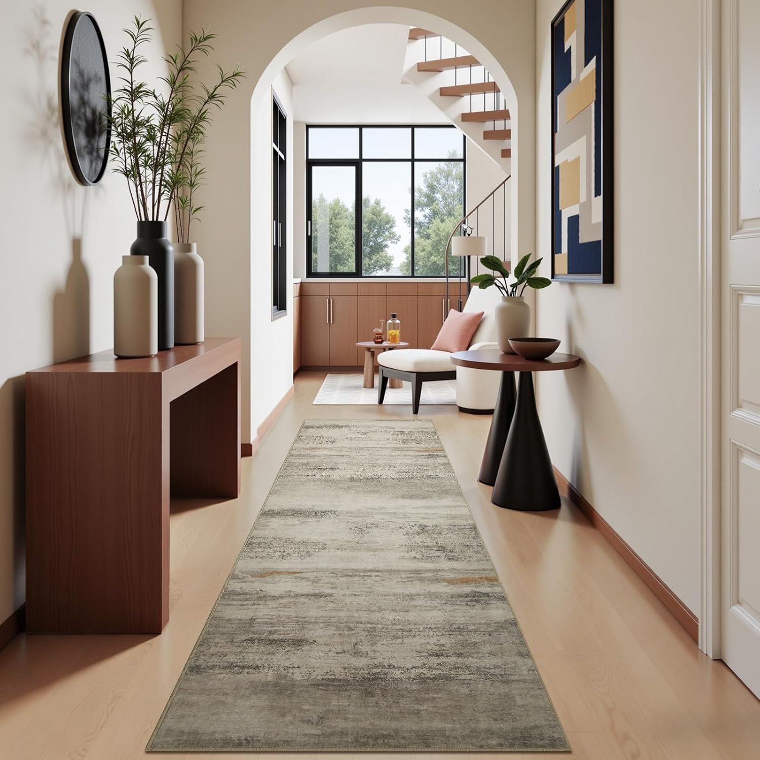 Joydeco 2x6 Modern Abstract Washable Runner Rug – Low Pile Faux Wool with Non-Slip Backing, Neutral Print Carpet Runner for Hallway, Kitchen, Entryway and Bedroom, White&Grey&Brown