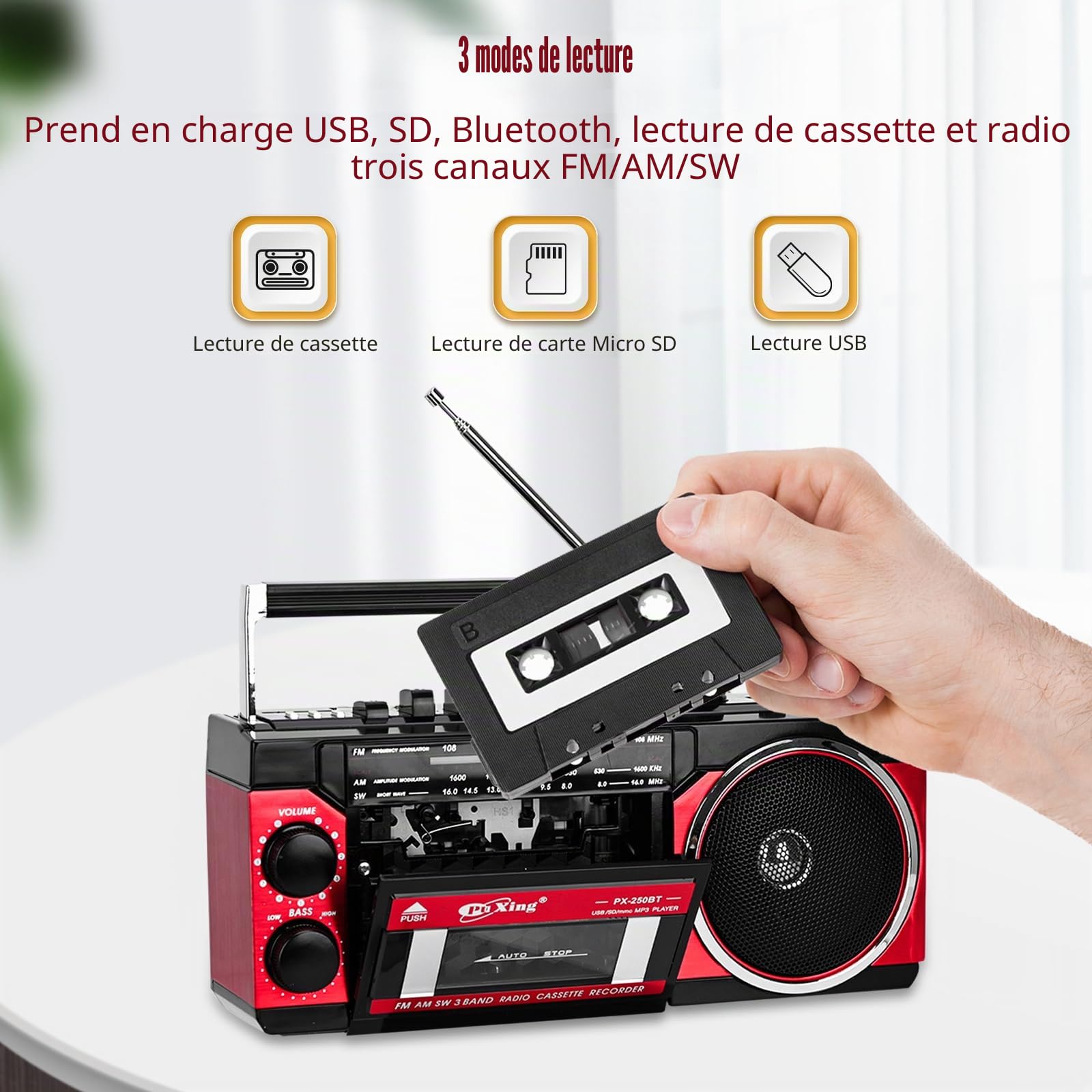 Lecteur de cassette, lecteur de cassettes portable, supporte la bande de fréquence FM/AM/SW, magnétophone, compatible avec cassette/Bluetooth/insertion de carte/enregistrement, fonctionne avec piles