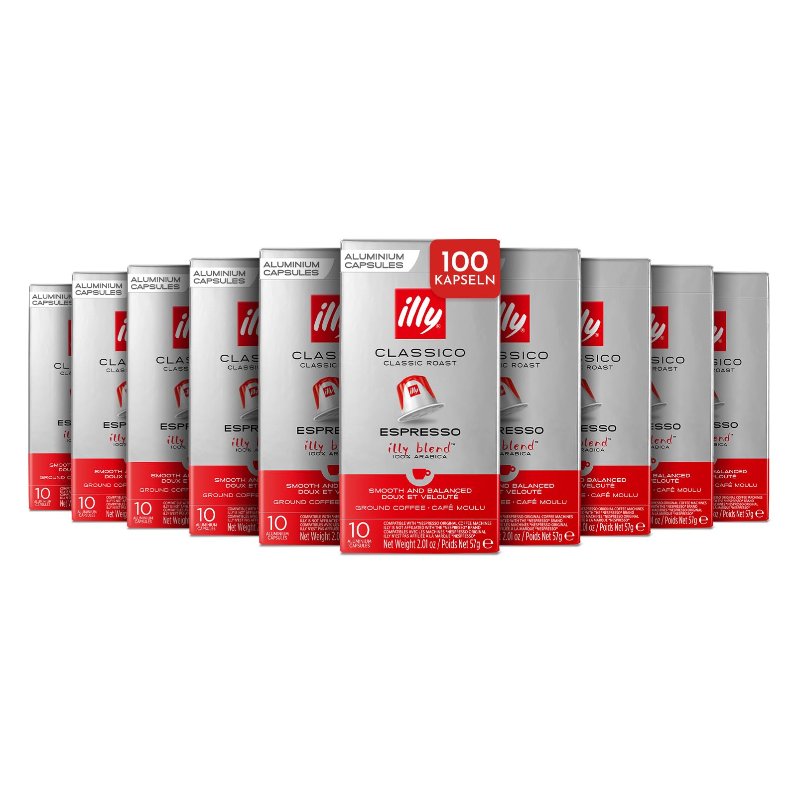 illy, Kompatible Aluminium-Kaffeekapseln CLASSICO, 100% Arabica mit Noten von Orangenblüten und Jasmin, Sanfter Geschmack und Süßer Nachgeschmack, 10 Packungen mit 10 Kapseln (100 insgesamt)
