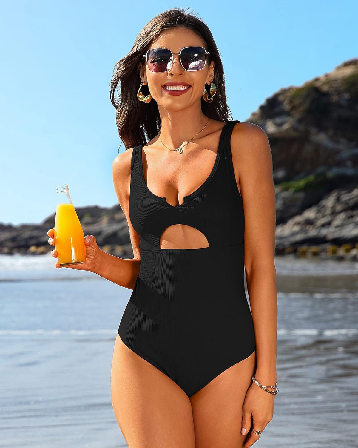 Charmo Ribbed One Piece Swimsuits for Women Cutout Scoop Neck Bathing Suit High Cut Padded Monokini - Image 7