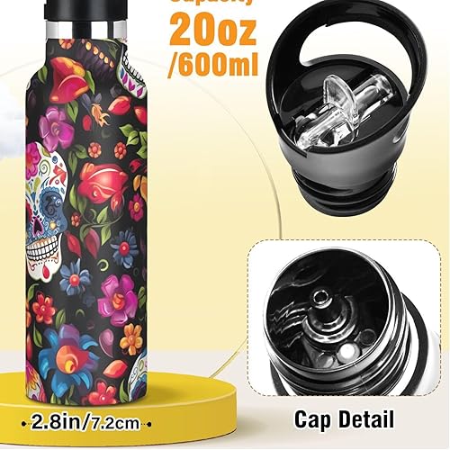 Miniatura 2 de Botella de agua para niños con popote para la escuela, botella de agua aislada a prueba de fugas, 20 onzas, sin BPA, calavera de azúcar floral