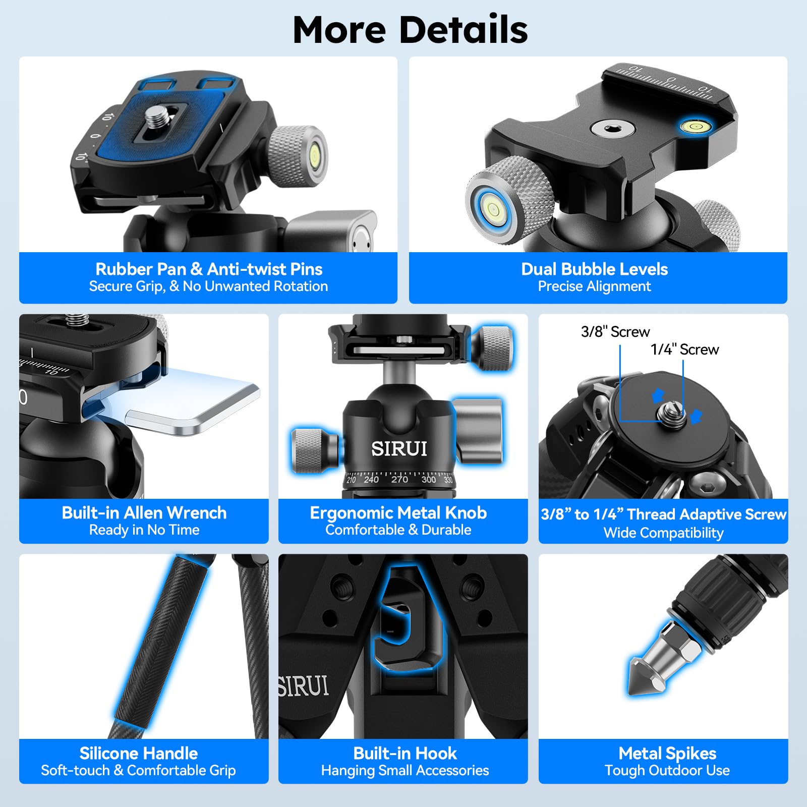 SIRUI 50“ Trípode de Viaje en Fibra de Carbono Tripode Compacto, con Cabeza de Bola Baja, Placa Quick Release para Arca, Carga 8kg para Cámara y Teléfono -AM-225S+G0