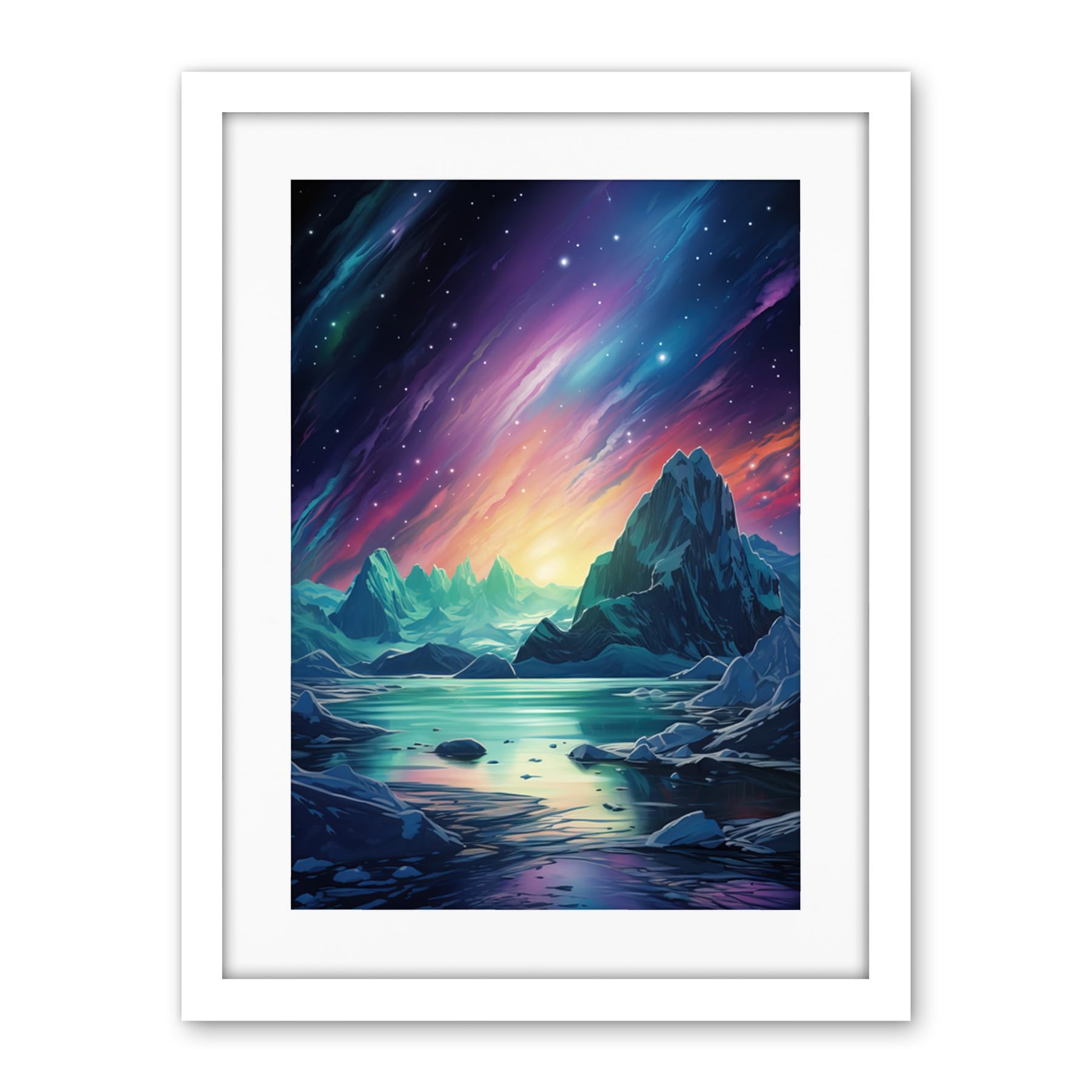 Artery8 Purple Aurora Borealis Dawn in Antarctica Oil Painting Blue Green Enchanting Arctic Ice Fantasy Landscape Artwork Framed Wall Art Print 18X24 Inch