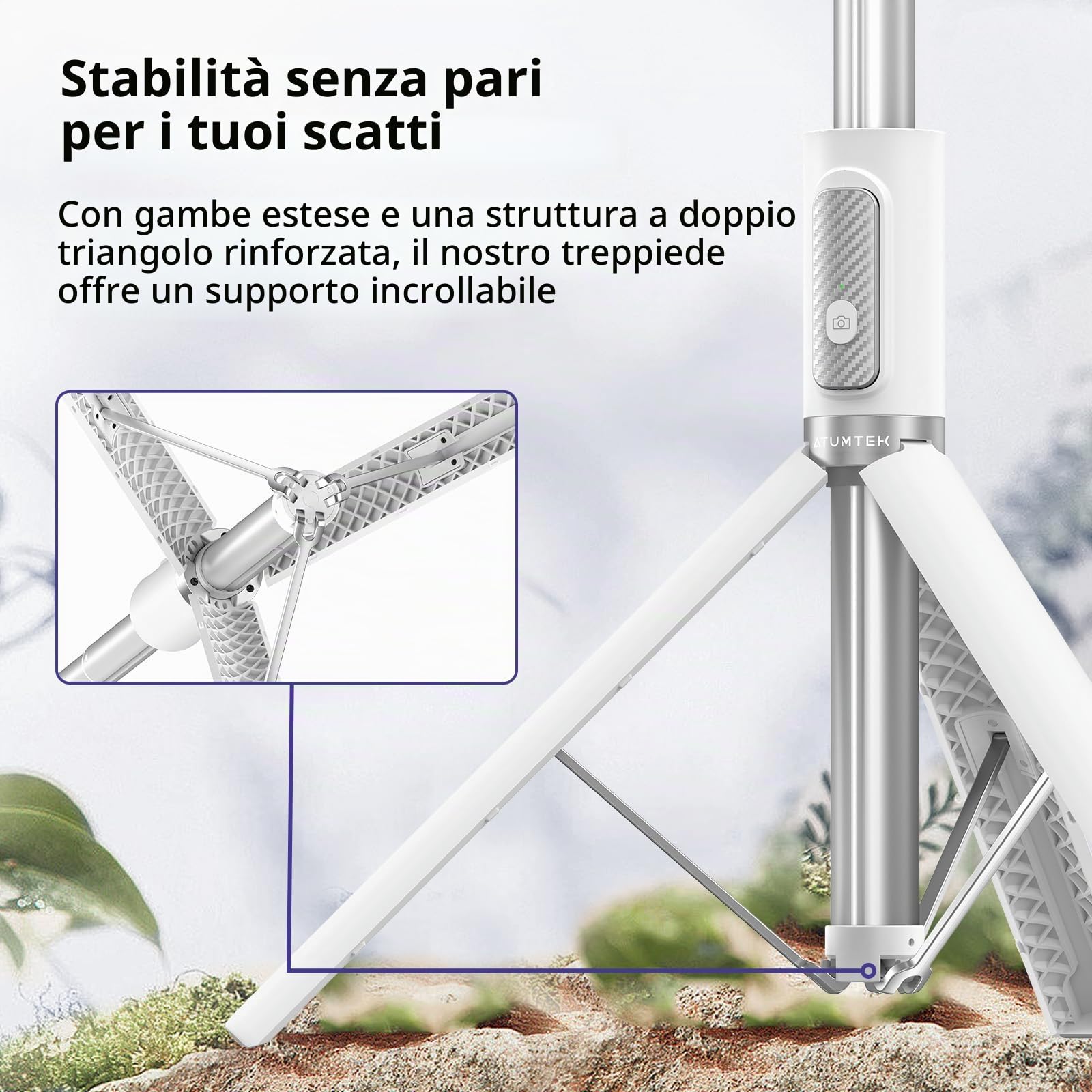ATUMTEK Bastone Selfie Tripode 174cm, Selfie Stick Alluminio con Telecomando Bluetooth Ricaricabile, Compatibile con Smartphone iPhone e Android, Perfetto per Viaggi, Vlog, Video e Foto, Bianco