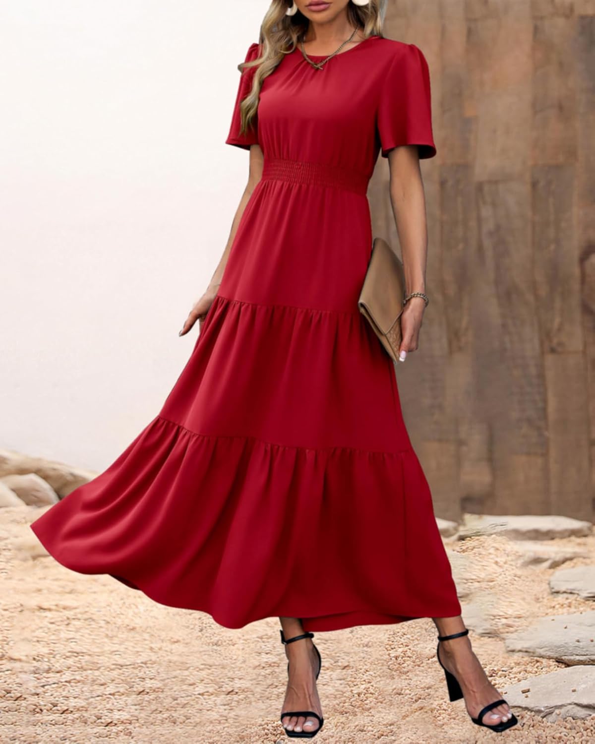 PRETTYGARDEN Women's Summer Casual Short Flutter Sleeve Round Neck Smocked Waist Tiered Boho Floral Flowy Maxi Dress - Image 2