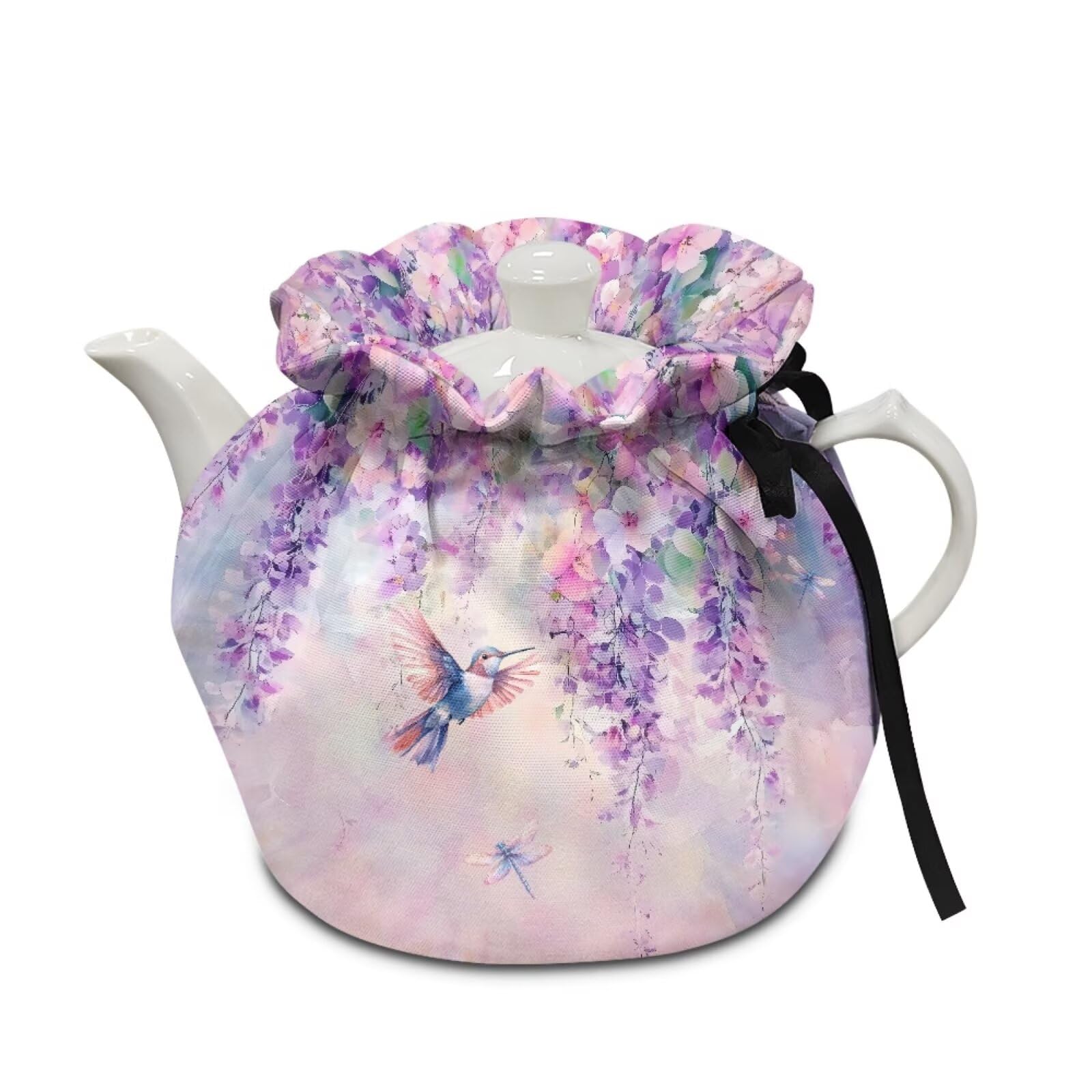 Hummingbird Floral Print Tea Cozy for Teapot Insulated Thermal Tea Cozies Covers with Drawstring 6.1x6.1x6.9 Inch Teapot Insulation Cover, Kitchen Accessories, Purple