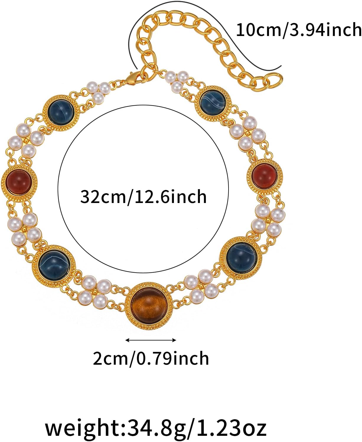 Vintage Gemstone Choker Necklace for Women - 18K Gold Plated Statement Jewelry with Faux Pearls & Multi-Color Stones, Adjustable Length - Image 3