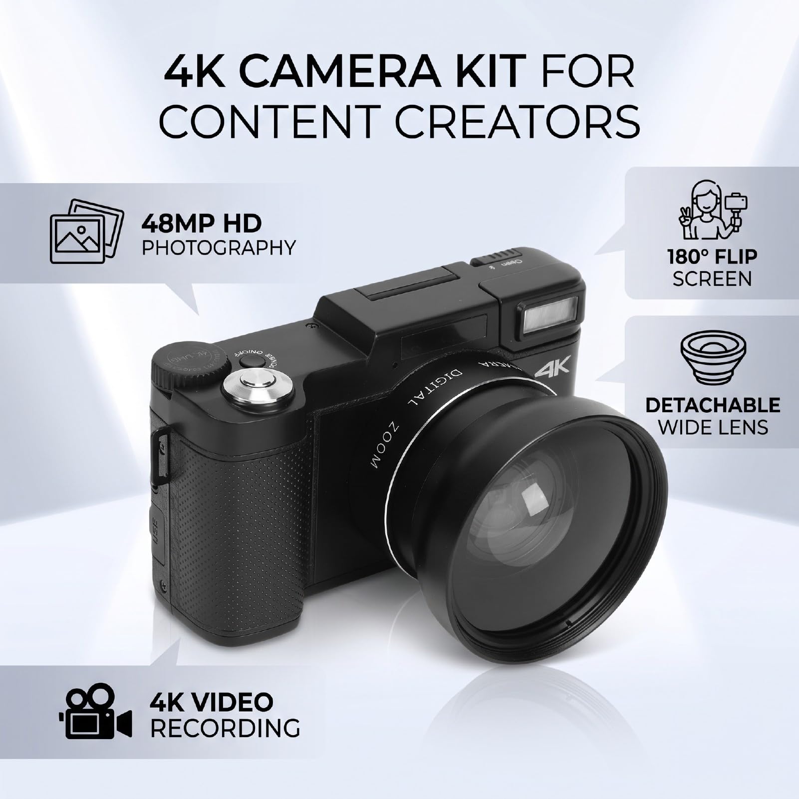 ASHATA Fotocamera digitale 4K da 48 MP con schermo ribaltabile, kit di accessori per obiettivo grandangolare con microfono remoto per treppiede per fotografia