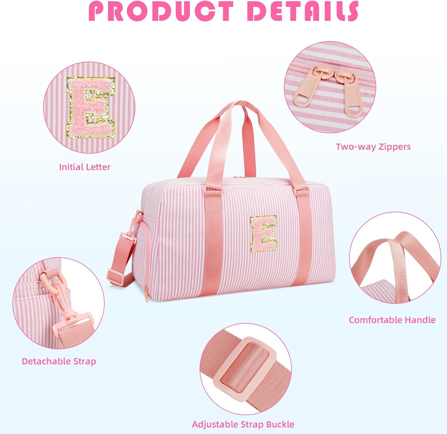 Birthday Gifts for Teen Girls - Initial Travel Duffle Bags, Personalized Overnight Weekender Bags with Shoe Compartment, Kids Gym Dance Bag, Carry On Bag, Gifts for Girls Women (Pink, E)