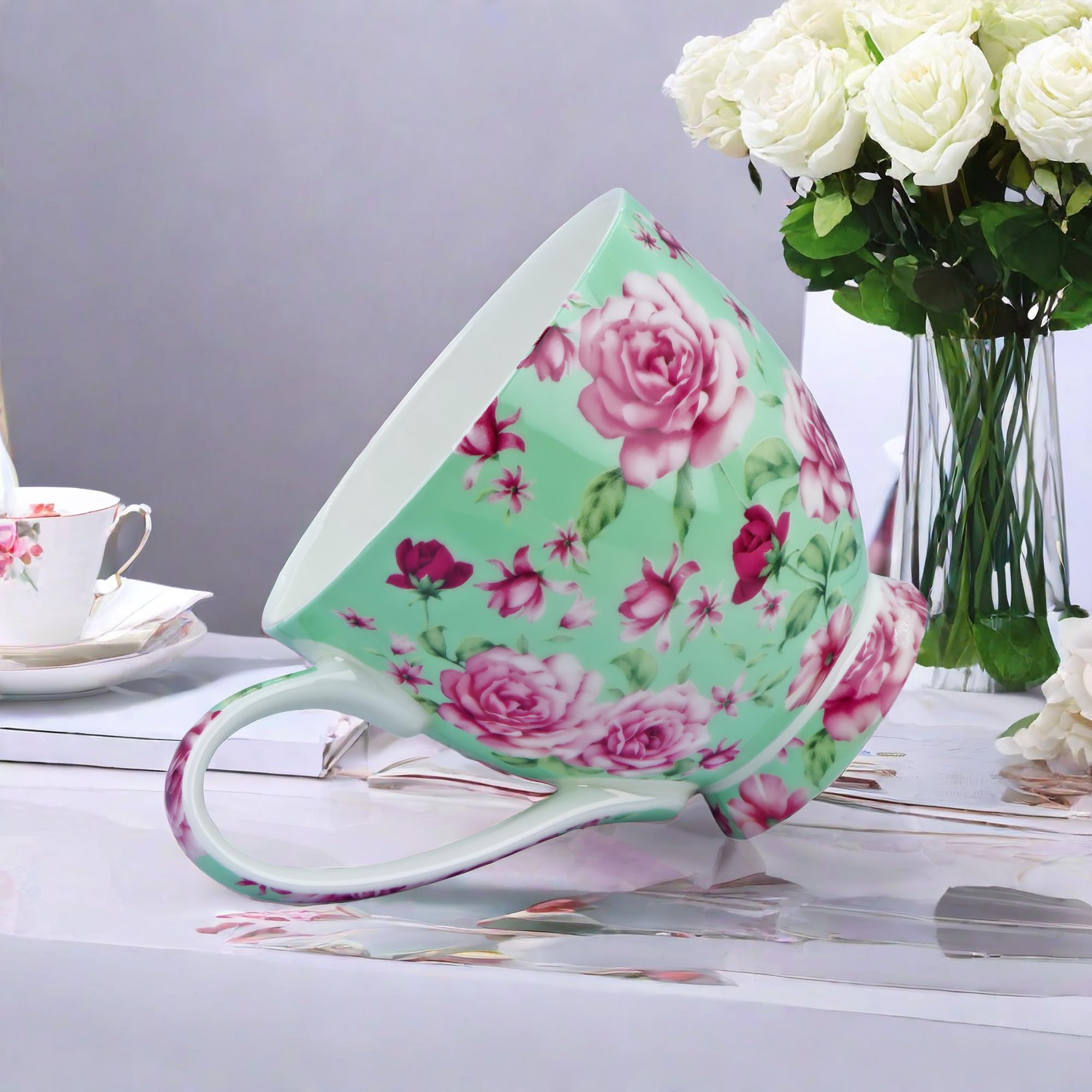 Tazas de café de porcelana de hueso de 16 onzas para mujer, tazas de café y té, tazas de café novedosas, regalo para mujeres, mamá, amigas (rosa verde)
