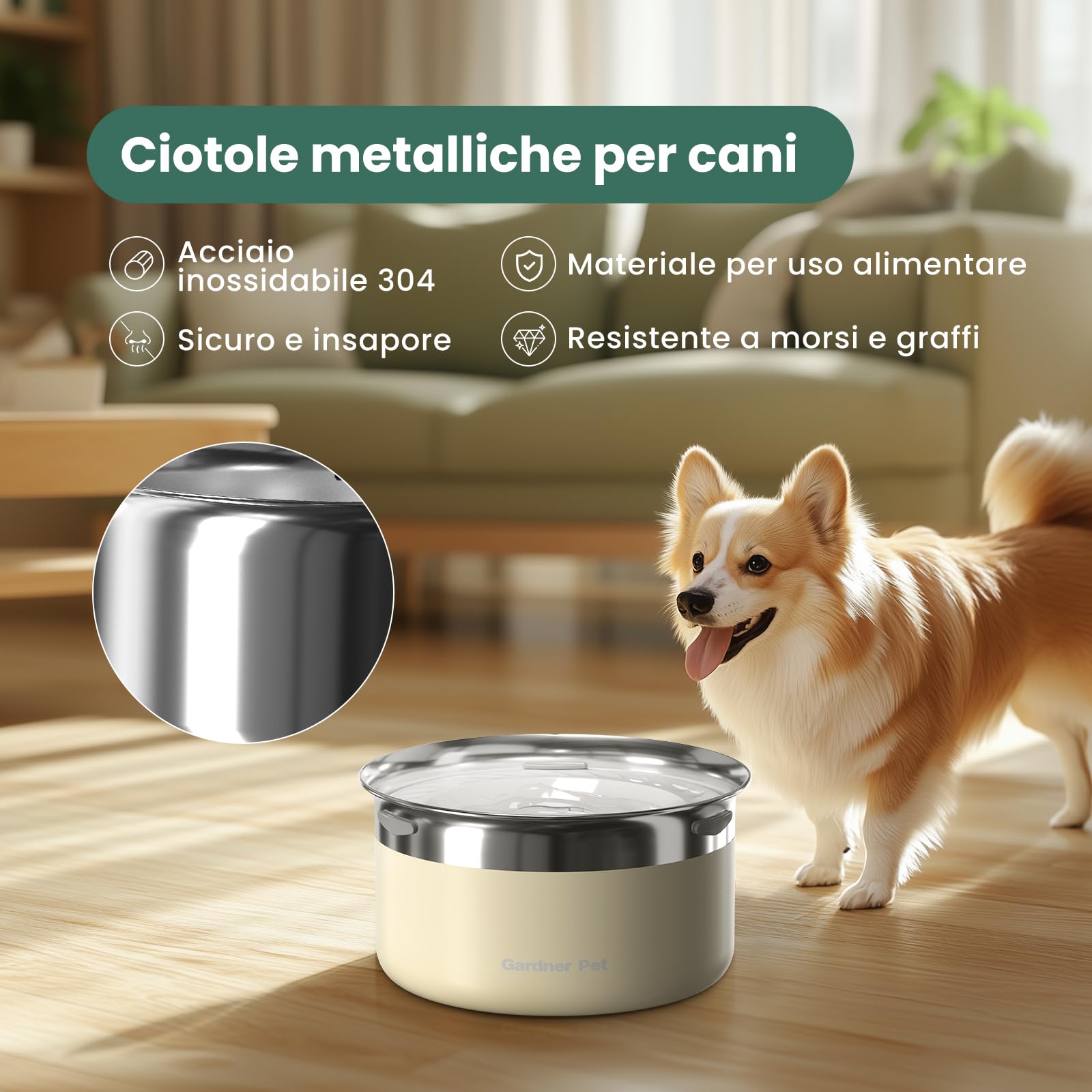 Gardner Pet Ciotola Acqua Cane Antigoccia, 3,85L Ciotola per Cani in Acciaio Inox a Prova di Fuoriuscite, Anti-Ingoio per Cani di Taglia Grande, Adatta per Interno ed Esterno, Previene Gocce, Bianco