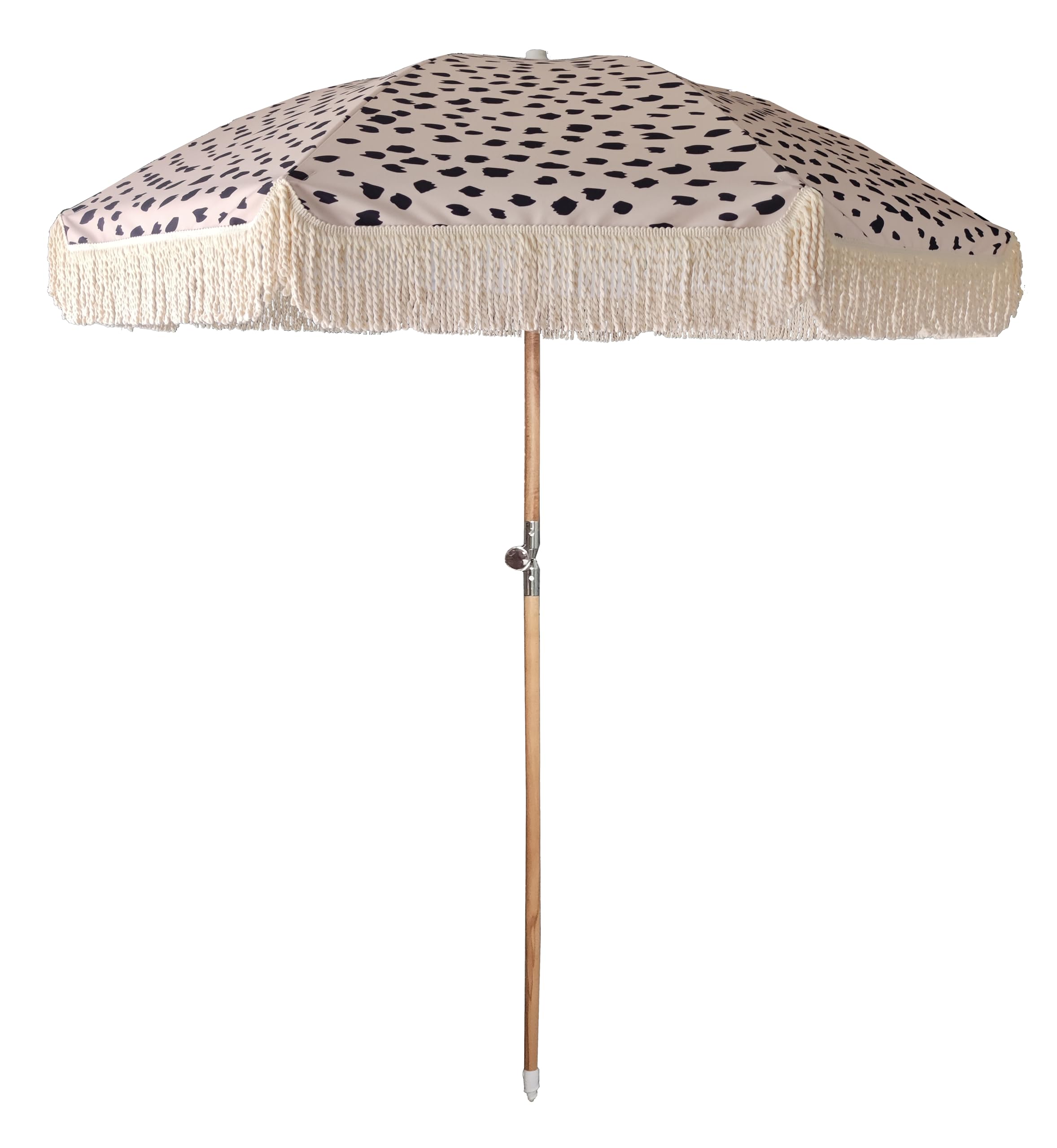 Ombrellone 200 cm, 8 stecche in fibra di vetro 8.0 mm. Palo in legno di faccio con tilt inclinabile. Materiale Canvas, waterproof, protezione UV50+, con frangia in cotone da 15 cm. Fantasie pois.