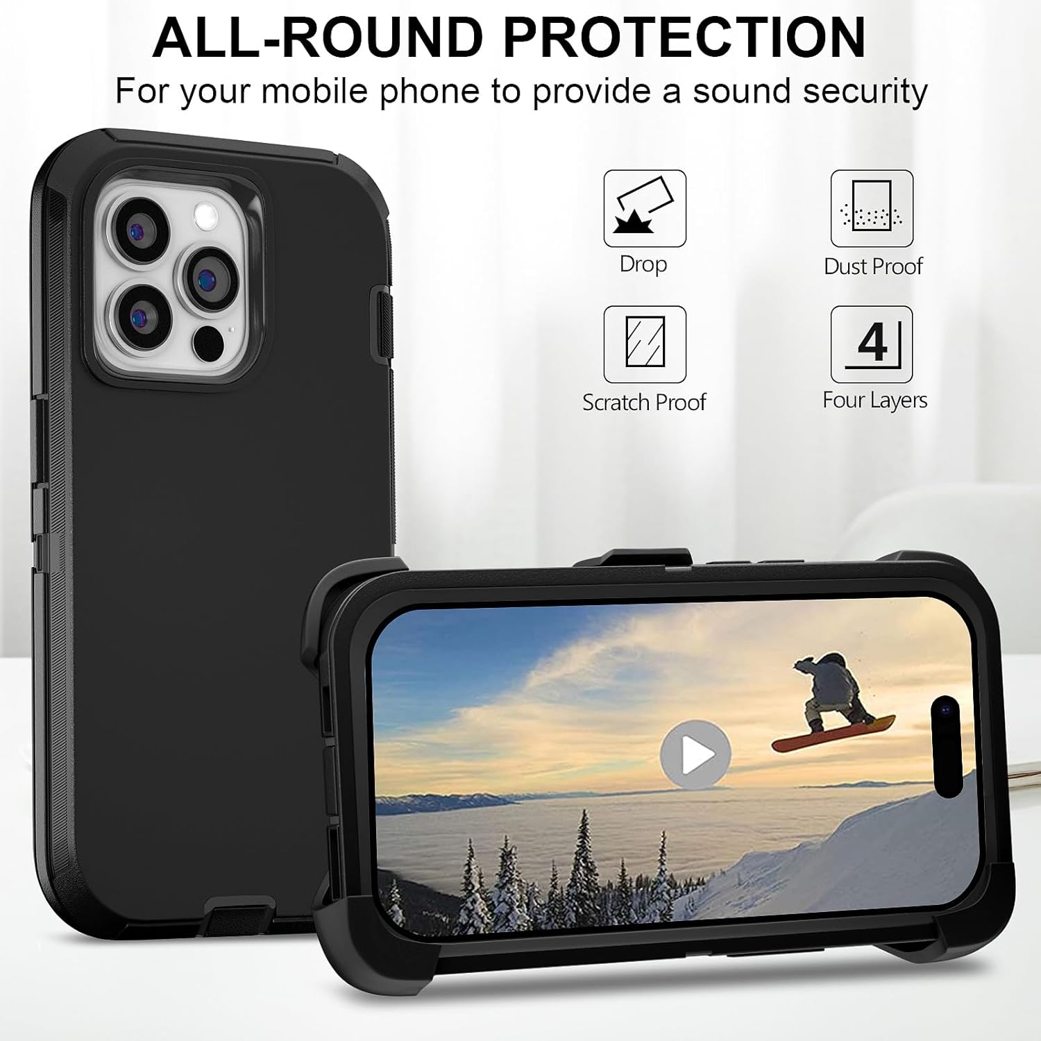for iPhone 14 Pro Max Case 6.7" Belt-Clip Kickstand Holster with 2 Screen Protector + 2 Camera Lens Protector,Full Body Heavy Duty Military Grade Drop Protection Cover (Black+Clip)