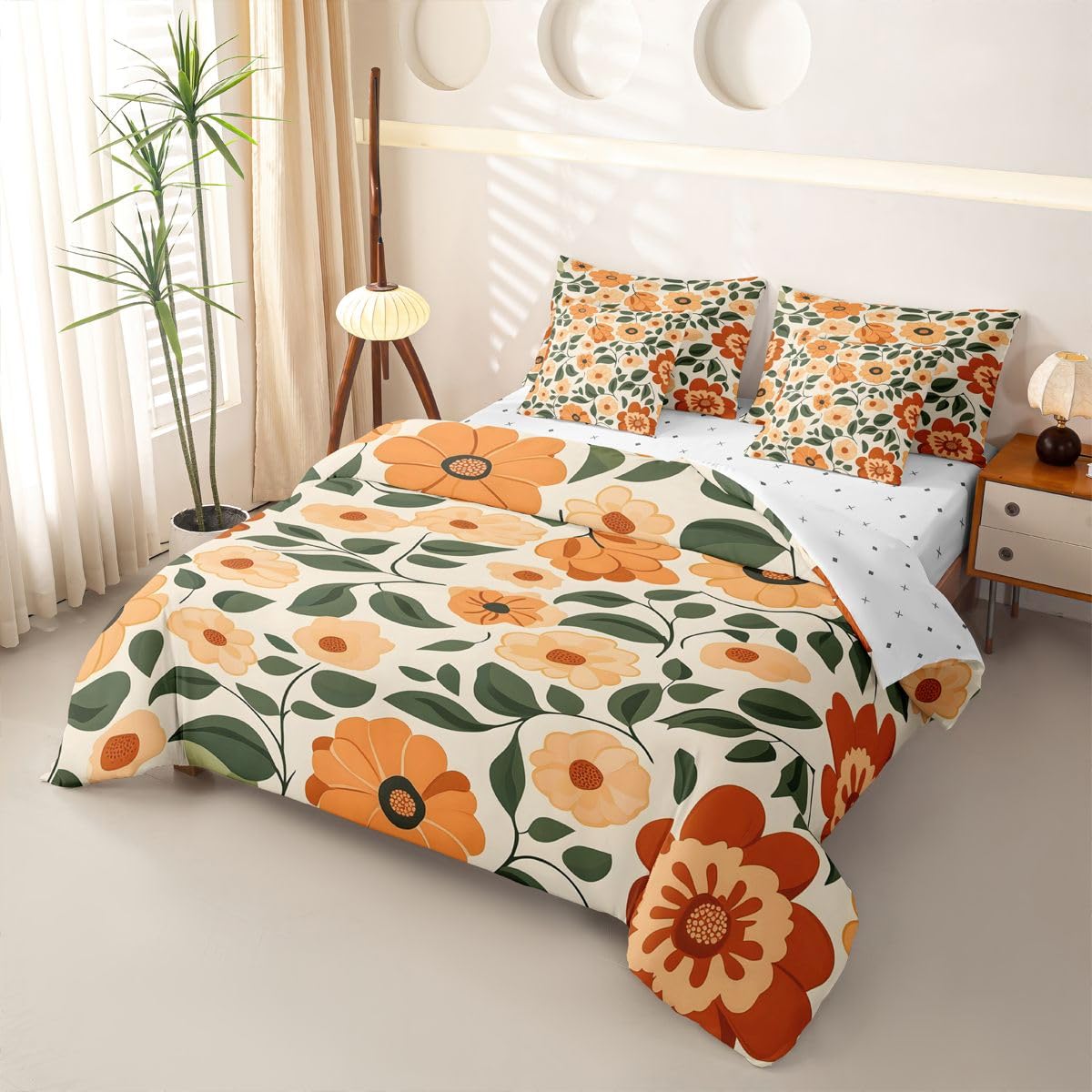 Loussiesd Juego completo de ropa de cama de 7 piezas, diseño floral, tamaño King, color verde, rojo y amarillo, incluye funda de edredón, sábanas, fundas de almohada, fundas de cojín