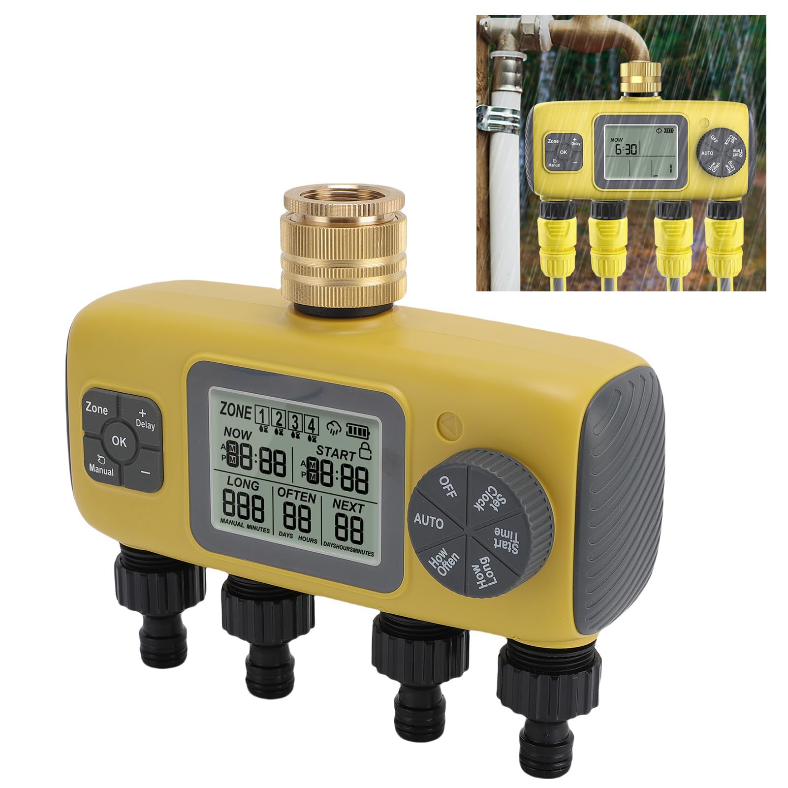 Timer di Irrigazione, Timer d'acqua Programmabile per Tubo Giardino, 4 Zone , del Rubinetto del Tubo di Ingresso 3/4 Pollici con Ritardo di Pioggia per Prato, Cortile, Irrigazione a Goccia