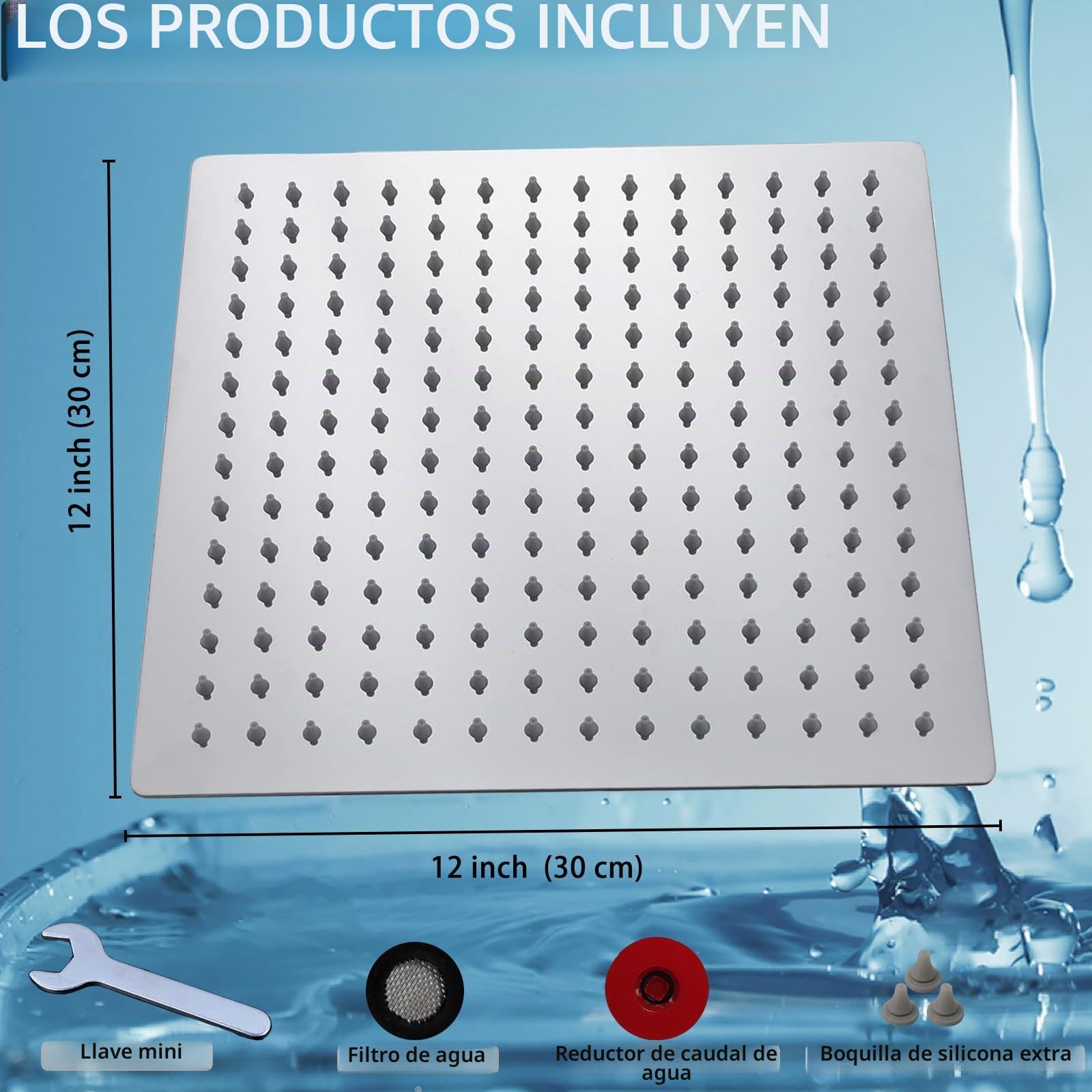 Cabezal de ducha filtrado, cabezal de ducha de alta presión con filtro para agua dura, elimina el cloro y las sustancias nocivas, cabezal de ducha cuadrado de 30 cm (cromado)