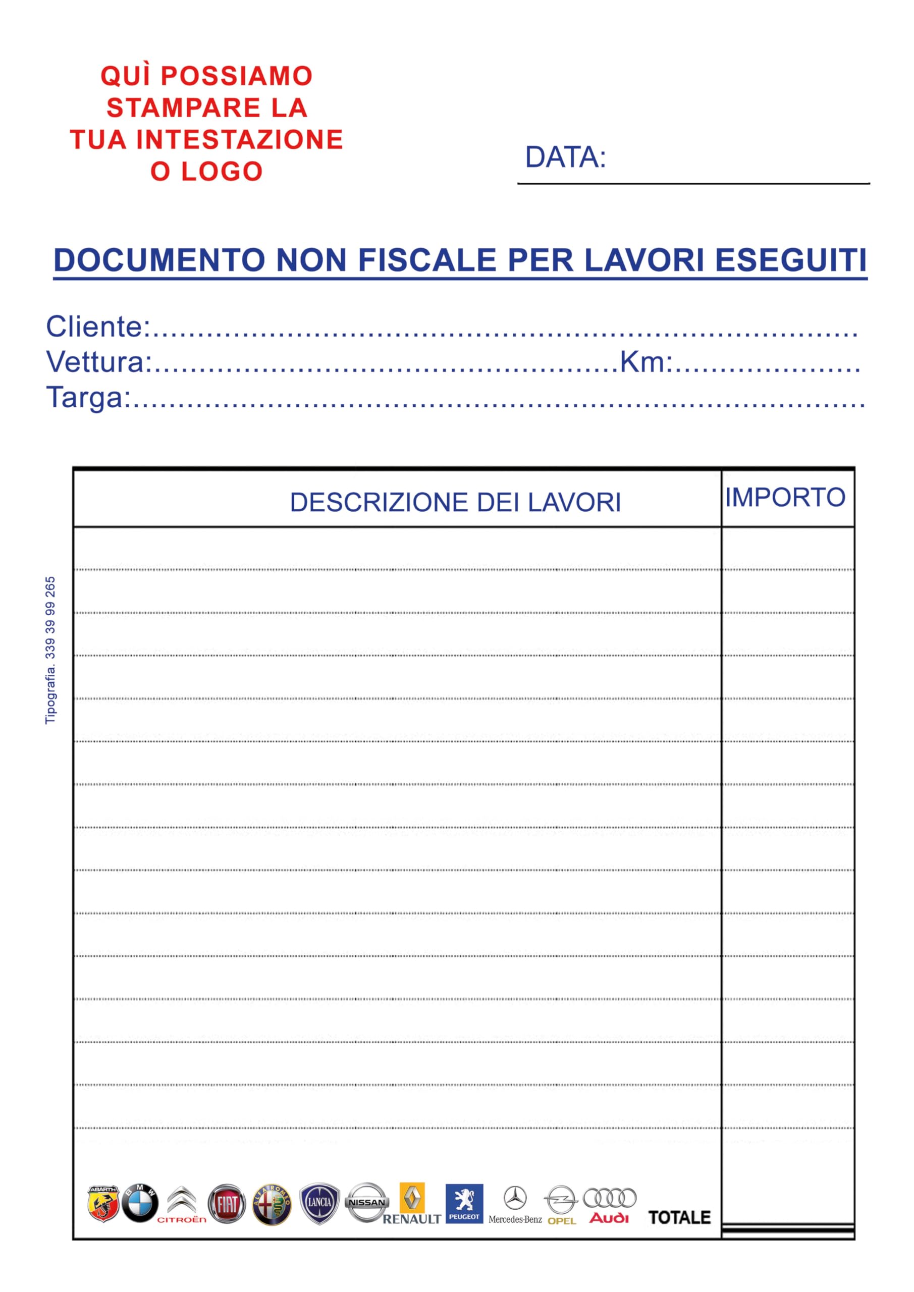 Ricevuta Non Fiscale per Officina Meccanica 15x21 cm – Blocchi da 50 Fogli – Documento Lavori per Meccanici, Carrozzieri, Elettrauto – Personalizzabile con Logo