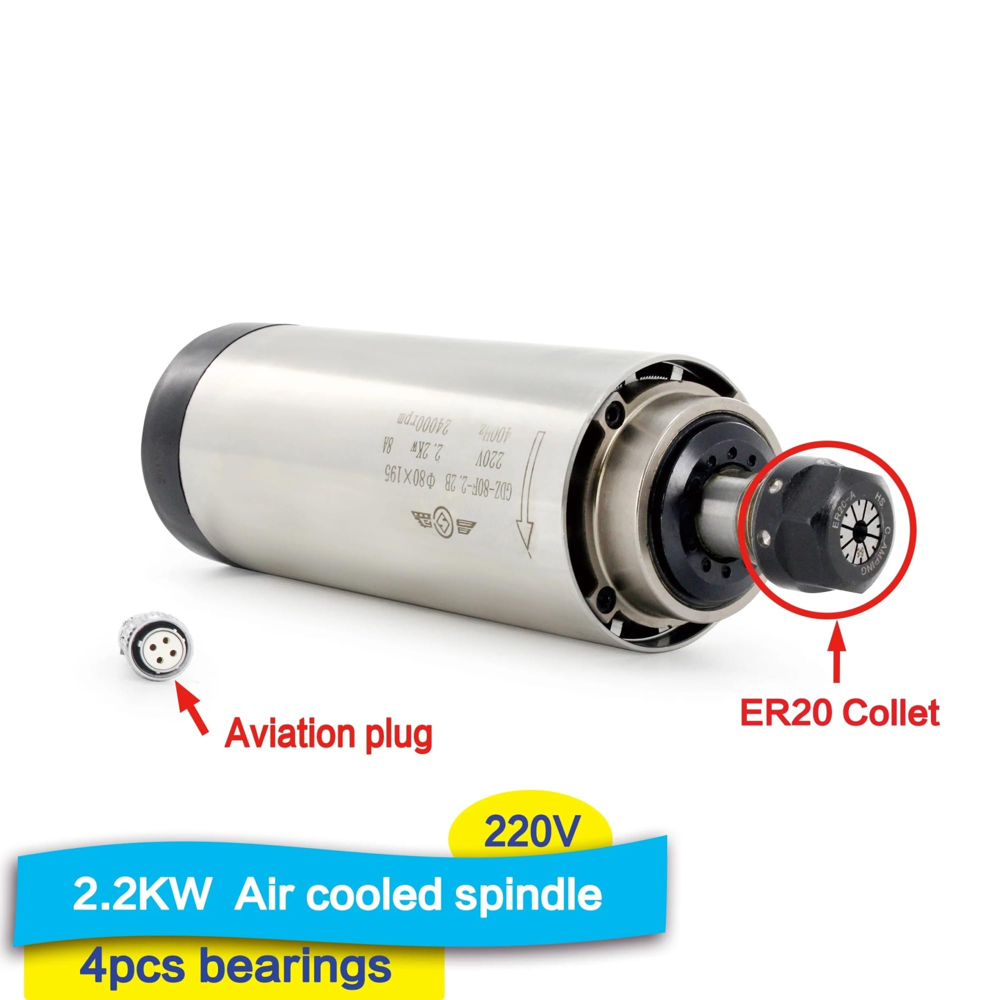 80 x 195 mm 2,2 kW 220 V ER20 silnik wrzeciona chłodzony powietrzem GDZ-80F-2.2B 4 stalowe łożyska kulkowe do drewna, metalu, zestaw frezowania