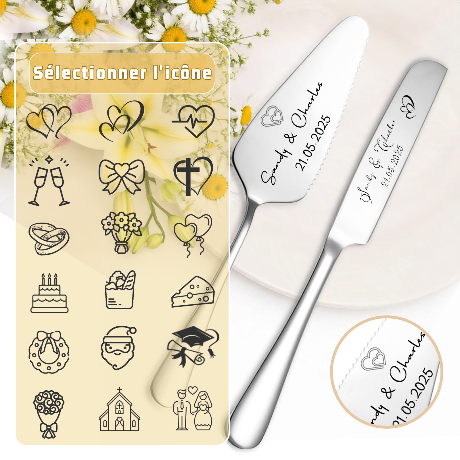 Ensemble Couteau et Pelle à Gâteau Gravés pour Mariage - Personnalisation avec Vos Noms et Date - Cadeau Personnalisé pour Anniversaire, Saint-Valentin ou Noël (Couteau Ã GÃteau en Argent)