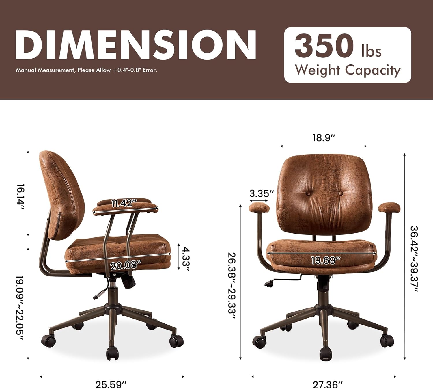 Brown Leather Home Office Chair, Mid Back Ergonomic Desk Chair with Lumbar Support, Mid Century Modern Deep Seat Swivel Rocking Computer Chair, Dark Brown Suede
