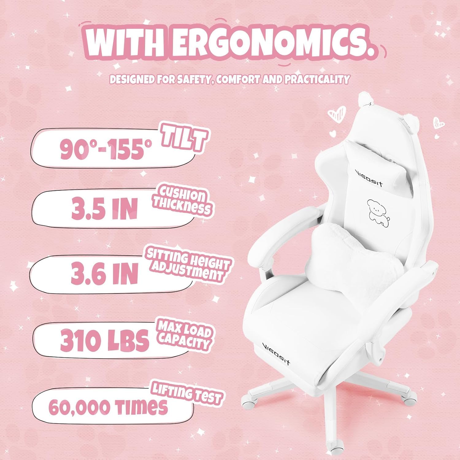 Vigosit Gaming Stuhl Niedlich mit Ohren und Kawaii Kissen, Ergonomische Computer-Spiel-Stuhl für Mädchen mit Lendenwirbelstütze und Fußstütze, Bequeme zurücklehnen PC Gamer Stuhl für Teenager (White)