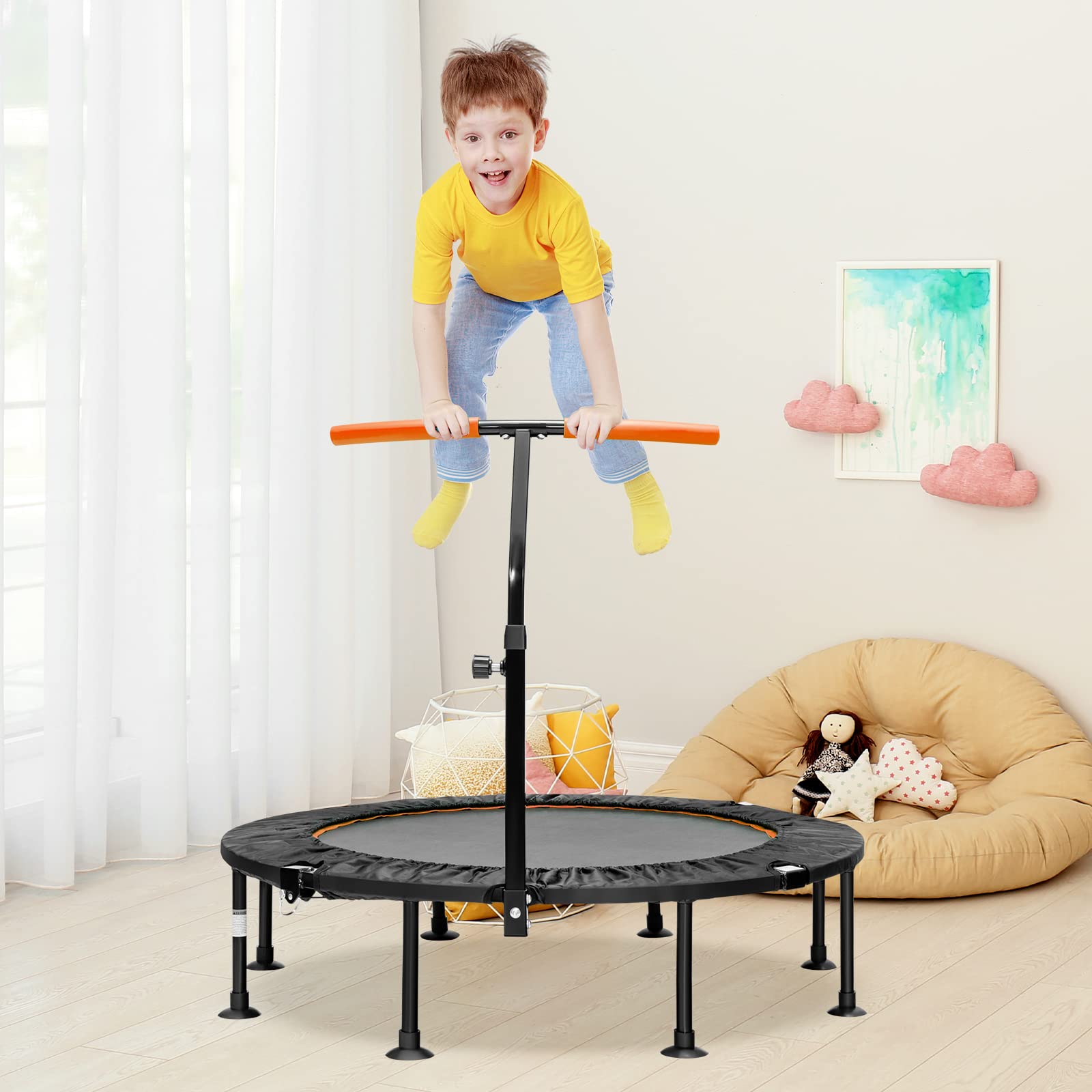 LIFEZEAL Mini składana trampolina o średnicy 110 cm, trampolina dziecięca z regulacją wysokości poręczy, fitness trampolina do treningu, maksymalna waga 100 kg
