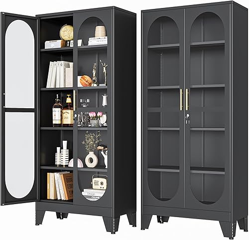 Miniatura 32 de Gabinete de almacenamiento de despensa negro de 61 pulgadas, armario de despensa de cocina con puertas y estantes de vidrio acrílico, con pie de