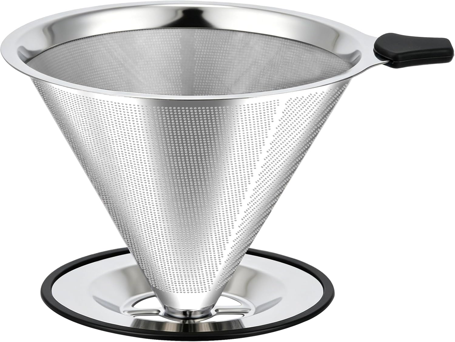 Large Size Pour Over Coffee Dripper, Stainless Steel Coffee Filter, Paperless Reusable Coffee Filter, Double Micromesh 600 Mesh Strainer Coffee Maker with Heat-Resistant Silicone Handle & Base
